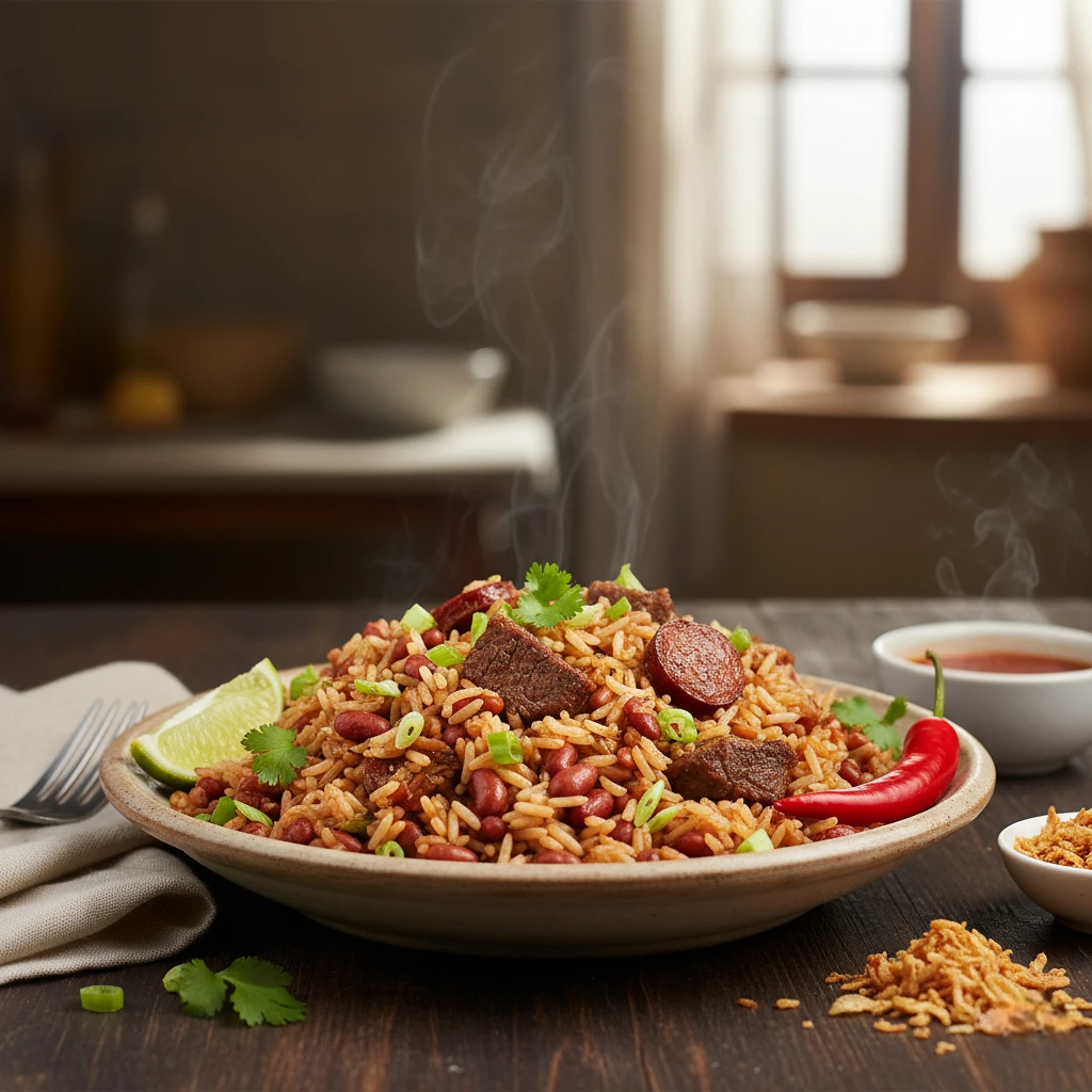 Ayimolou traditionnel : assiette de riz aux haricots rouges avec viande, saucisse, coriandre, oignons verts, citron vert, sauce rouge et oignons frits sur table en bois.