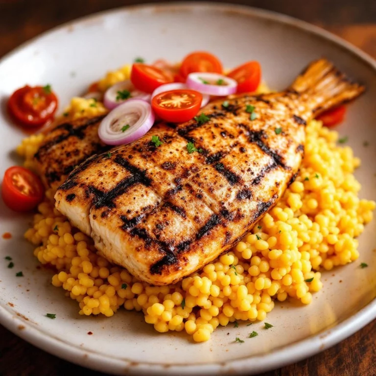 Filet de poisson grillé sur couscous avec tomates cerises et oignons rouges, assiette saine et colorée, cuisine méditerranéenne.