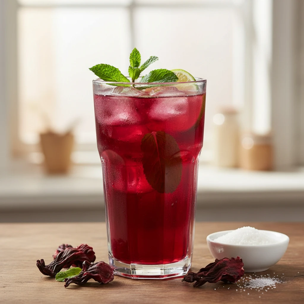 Boisson africaine au bissap, thé glacé d’hibiscus rouge avec sucre, menthe et citron vert.