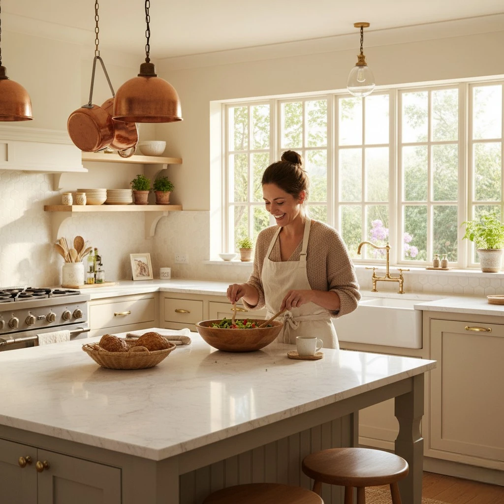 Cuisine lumineuse style campagne chic avec îlot en marbre, femme en tablier préparant une salade, suspensions et accessoires en cuivre.