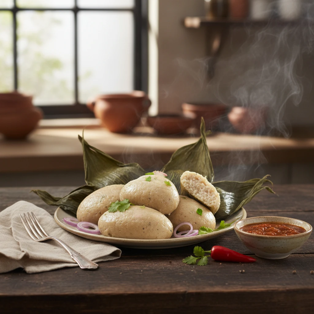 Doukounou traditionnel servi chaud sur feuilles, accompagné d’oignon rouge, coriandre fraîche et sauce pimentée, présenté sur une table rustique.