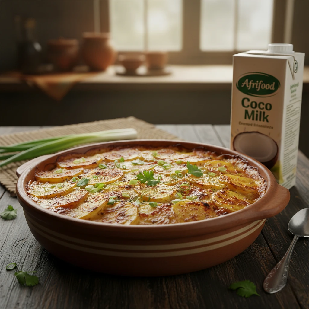 Gratin de pomme de terre africain crémeux au lait de coco, décoré de persil et d’oignons verts, servi dans un plat en terre cuite sur une table en bois rustique.