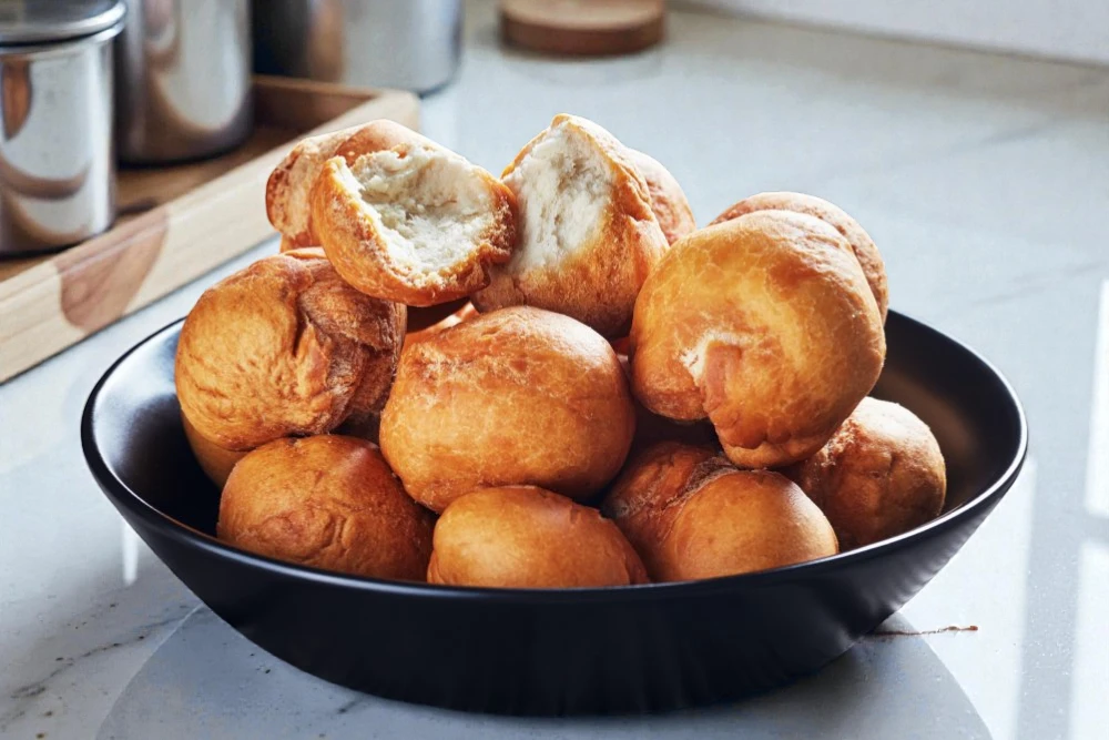 Bol de beignets blancs, Gbofloto, bien dorés et moelleux, présentés dans un bol noir sur une table en bois rustique, avec un beignet ouvert laissant voir l’intérieur blanc et aérien.