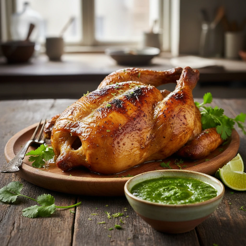Poulet rôti doré sur assiette en bois, accompagné de coriandre fraîche, quartiers de citron vert et sauce verte maison, dans une cuisine lumineuse.