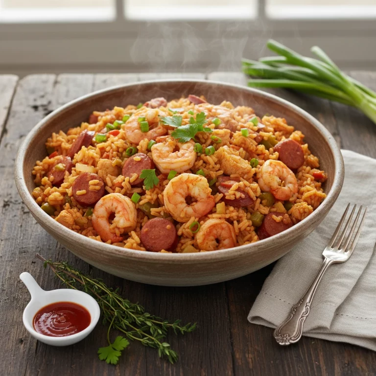 Assiette de jambalaya créole avec crevettes, saucisse, poulet et riz, servie dans un grand bol sur une table en bois, accompagnée d’une sauce rouge et d’herbes fraîches.