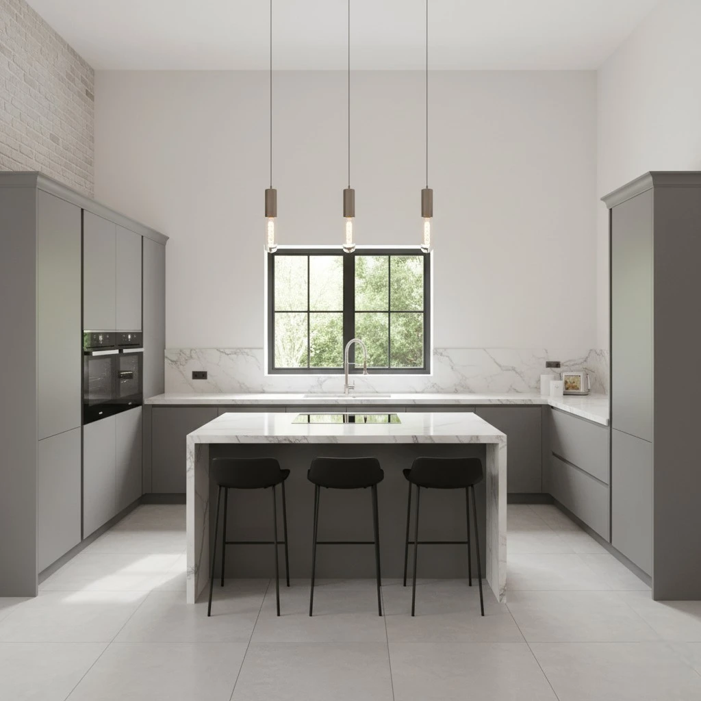 Cuisine moderne avec îlot central en marbre blanc, tabourets noirs et grandes fenêtres donnant sur un jardin verdoyant.