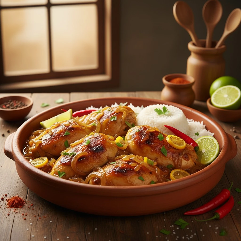 Plat de poulet yassa sénégalais avec sauce oignons caramélisés et riz blanc