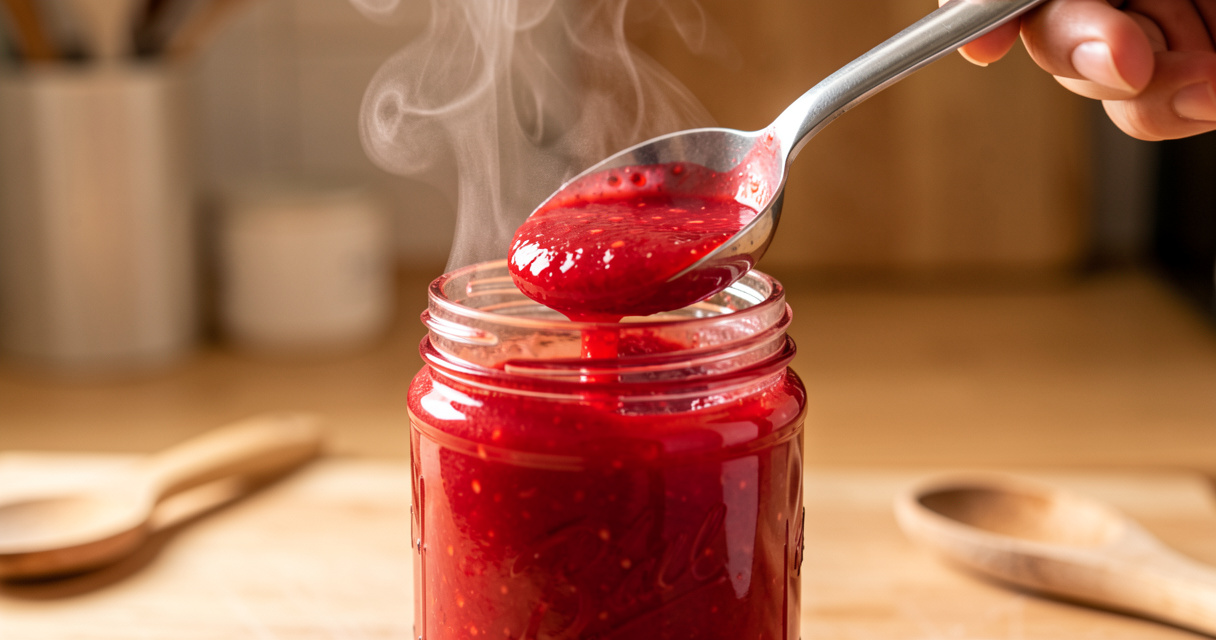 Mise en pot de confiture de fraises bouillante dans un bocal stérilisé