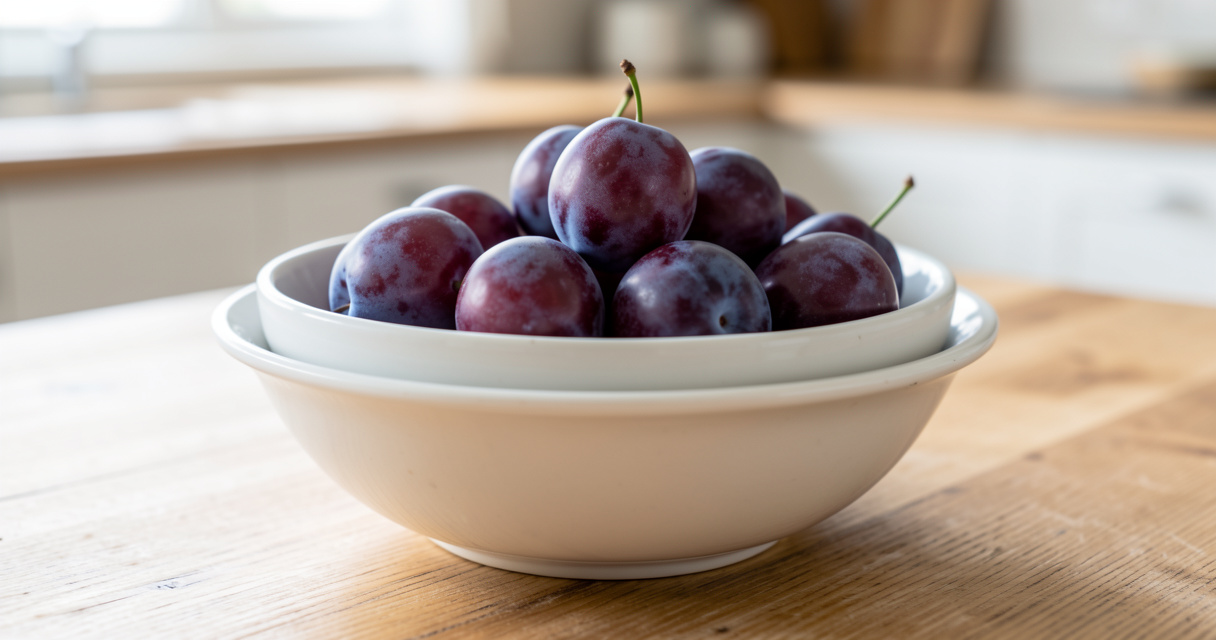 Bol de prunes fraîches sur plan de travail en bois, ingrédients pour confiture maison