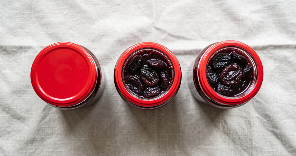 Pots de confiture de prunes maison sur nappe en lin, conservation artisanale