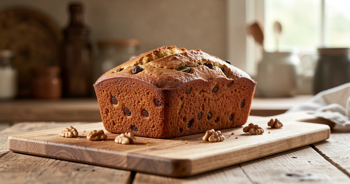 Pain banana bread moelleux aux noix sorti du four sur une planche à découper