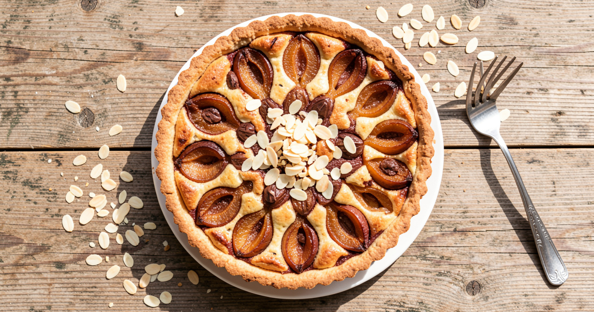 Tarte poire chocolat amande entière sur une table en bois, prête à être dégustée
