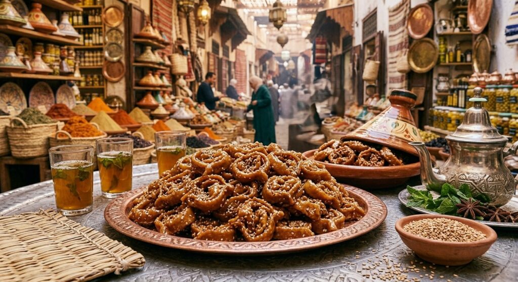 Plateau de chebakia avec du thé marocain, magnifique dessert marocain.