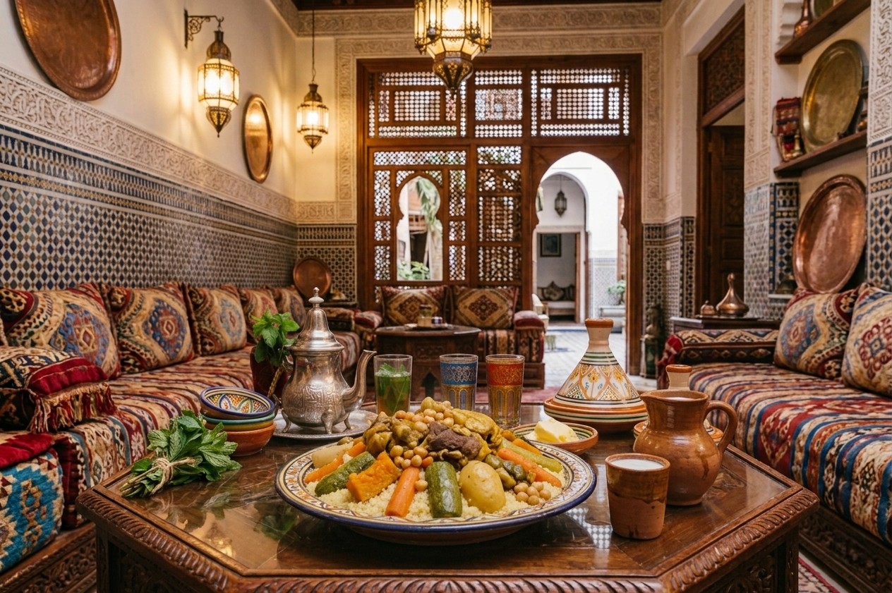 Assiette de couscous marocain avec du lait battu.