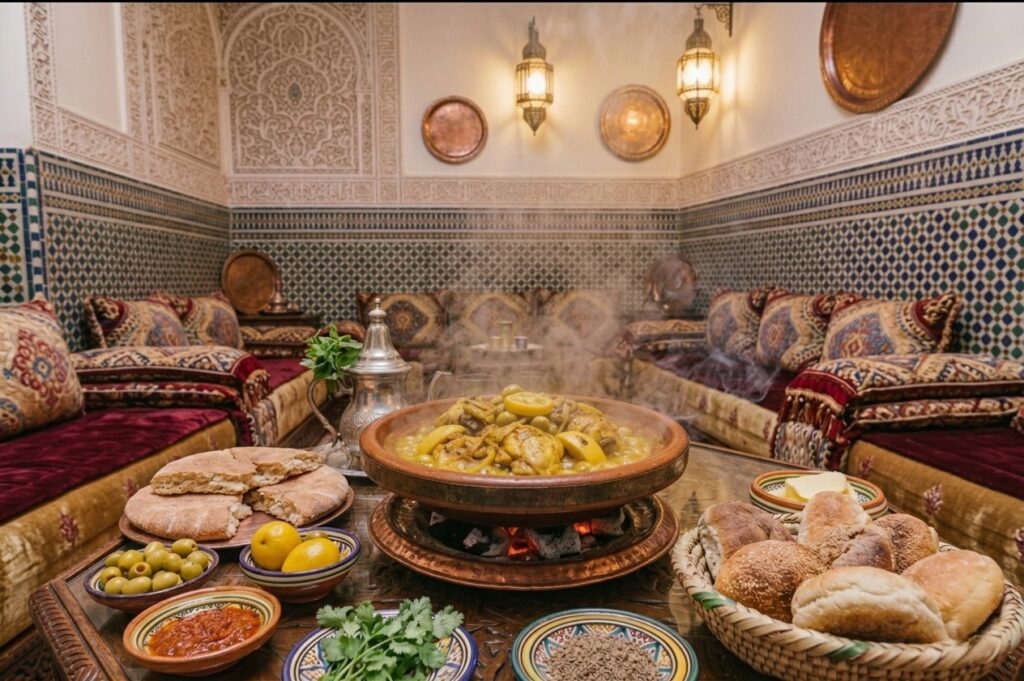 Un tajine de poulet en pleine cuisson sur une table dans un salon marocain.