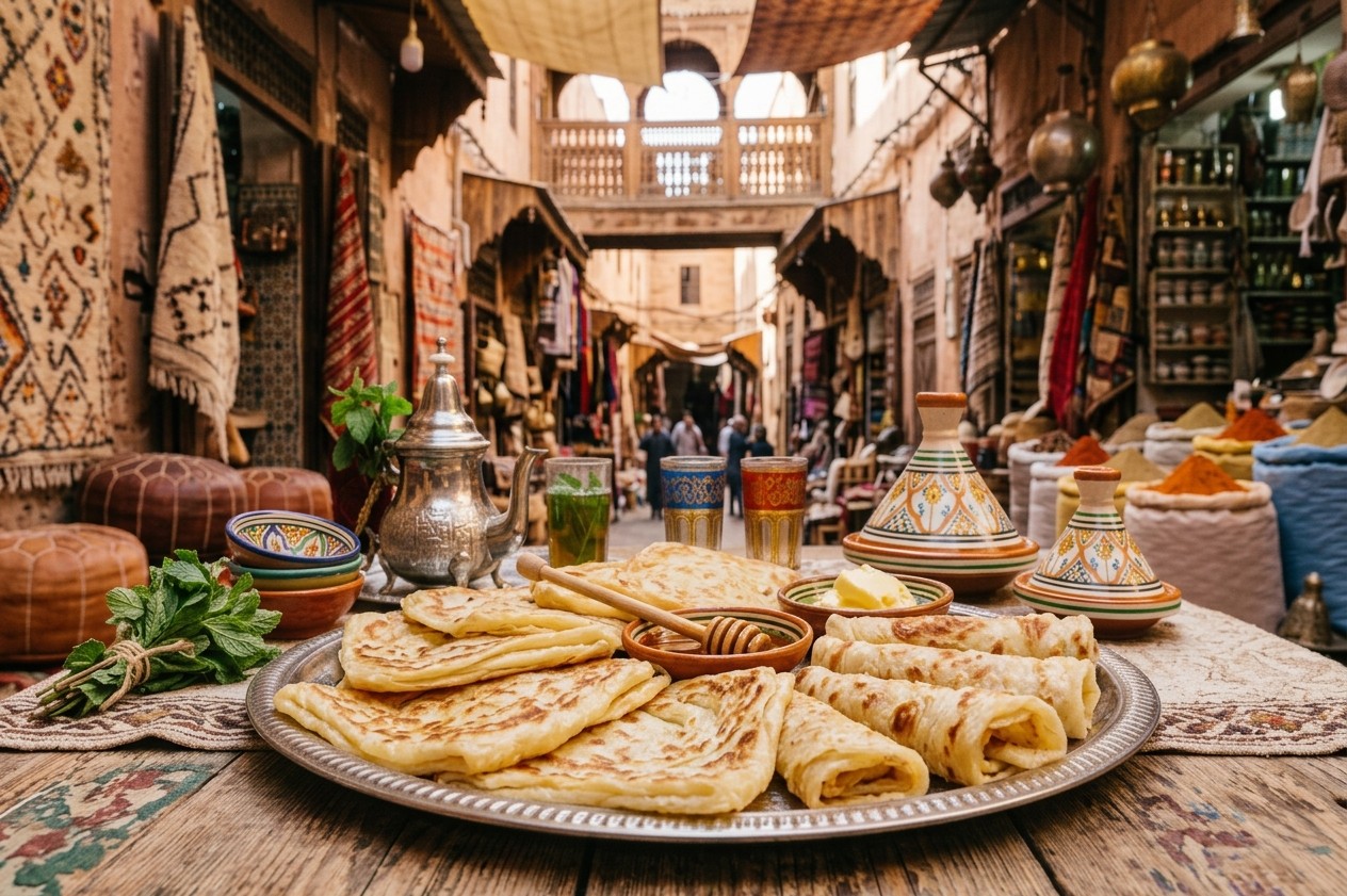 Plateau de msmen avec du miel et du beurre, thé marocain également.