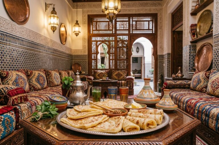 Dégustation de crêpe marocaine avec du thé marocain dans un salon marocain.