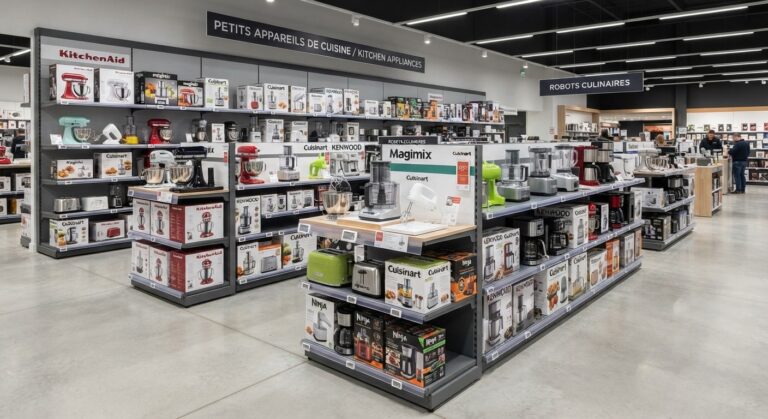 Des robots de cuisine exposés dans un rayon dédié.