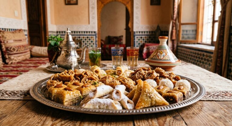 Un plateau de gâteaux marocains avec un thé marocain.
