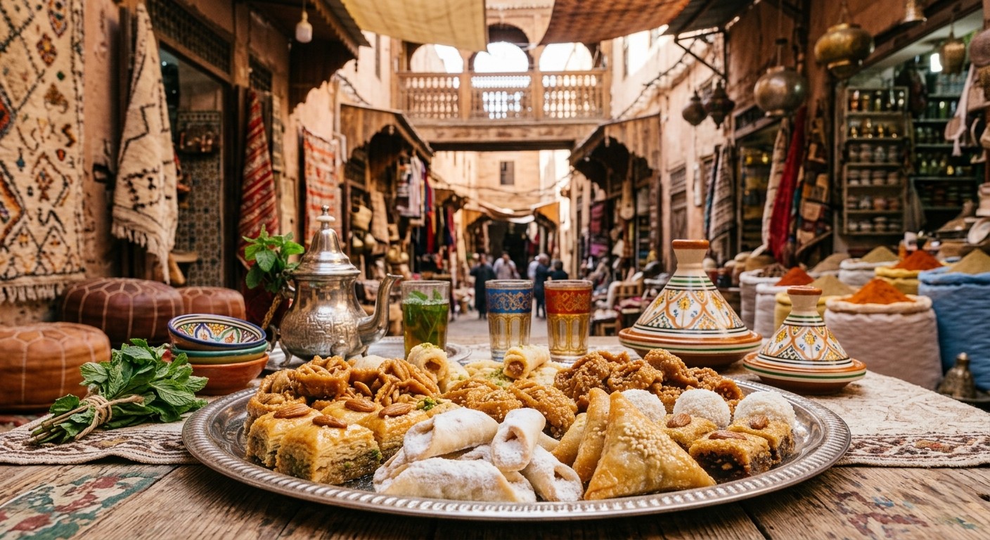 Culture marocaine, un plateau de gâteaux marocains à Marrakech.
