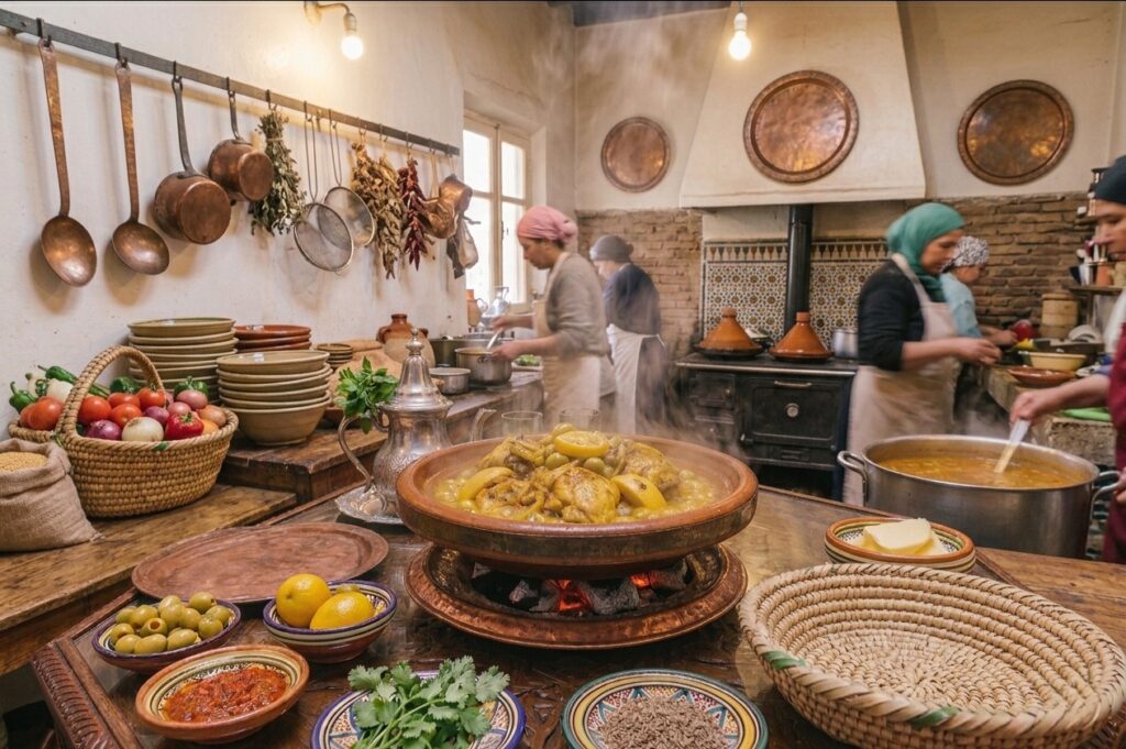 Préparation d'un tajine de poulet au citron confit dans une cuisine populaire marocaine.