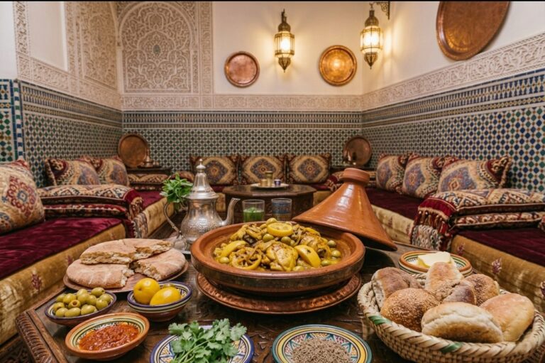 Un tajine de poulet au citron confit posé sur une table dans un salon marocain.